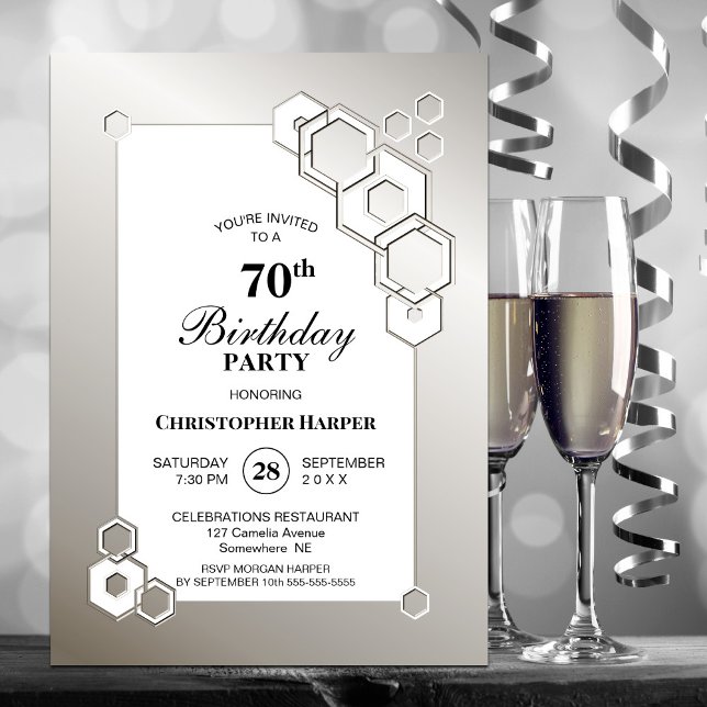 70th Birthday Geometric Silver Party Invitation (Creator Uploaded)