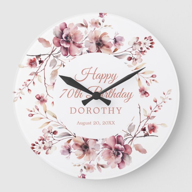 70th Birthday Gift Burgundy Pink Floral Large Clock (Front)