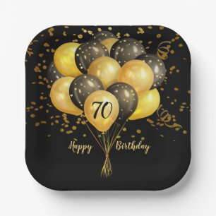 70th Birthday Gold And Black Balloons Glitter  Nap Paper Plate