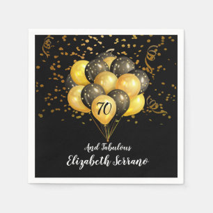 70th Birthday Gold And Black Balloons Glitter Napkin