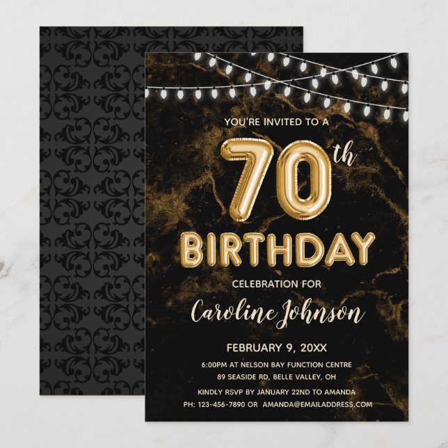 70th Birthday Gold Balloon Birthday Invitations (Front/Back)