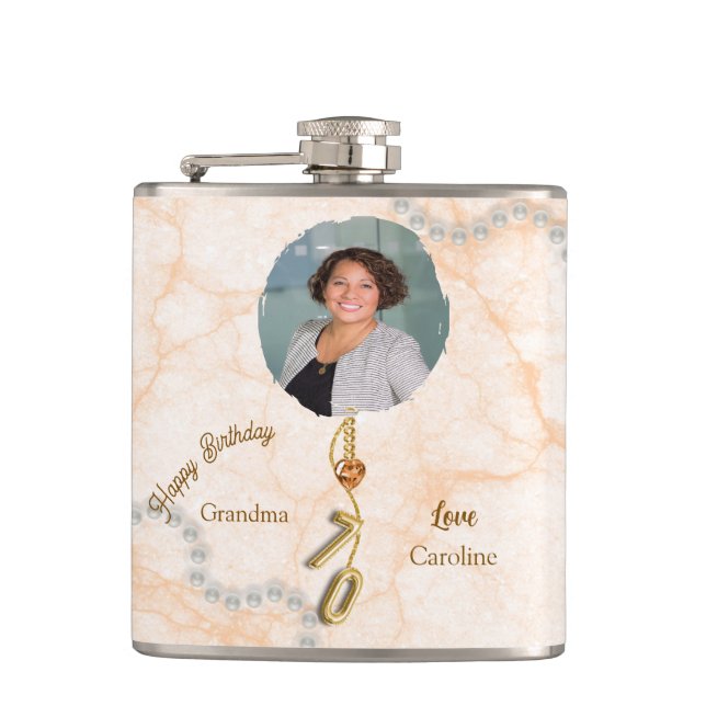 70th Birthday Gold Balloon Number & Photo Hip Flask (Front)