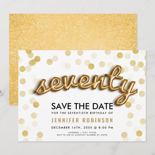 70th Birthday Gold Balloons Glitter Save The Date Invitation (Front/Back)