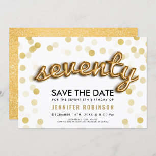 70th Birthday Gold Balloons Glitter Save The Date Invitation