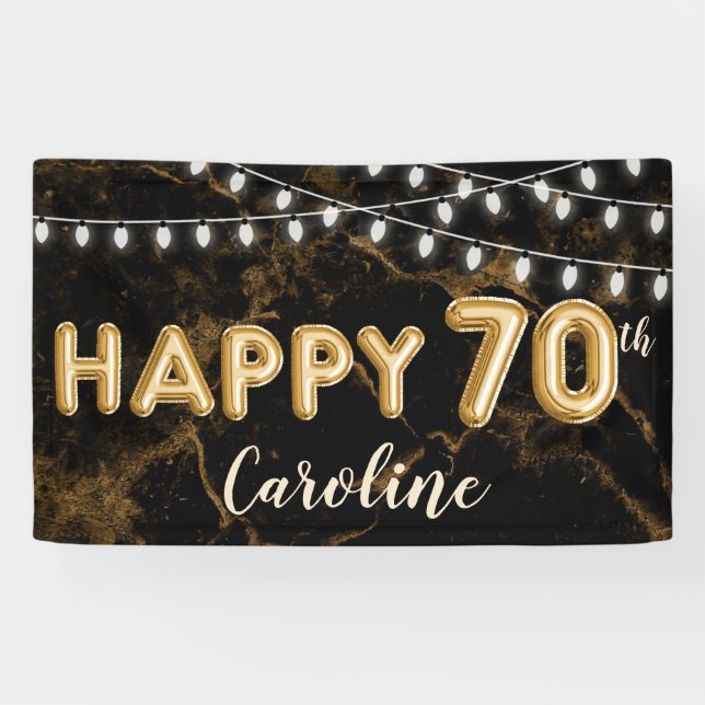 70th Birthday Gold & Black Balloon Lights Banner (Horizontal)