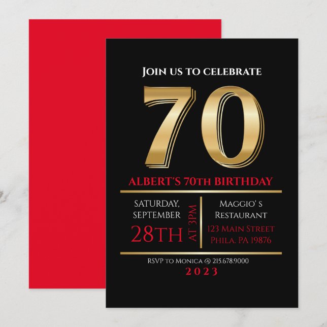 70th Birthday Gold Black Party Invitation (Front/Back)
