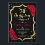 70th Birthday - Gold Black Red Roses Invitation<br><div class="desc">70th birthday celebration invitation.
Elegant black design with faux glitter gold and red roses.
Perfect for an elegant birthday party. Can be customized into any age.</div>