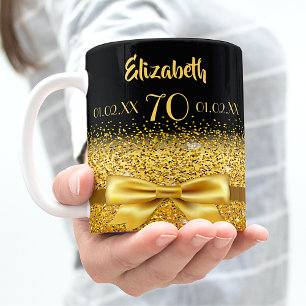70th birthday gold bow black name age coffee mug