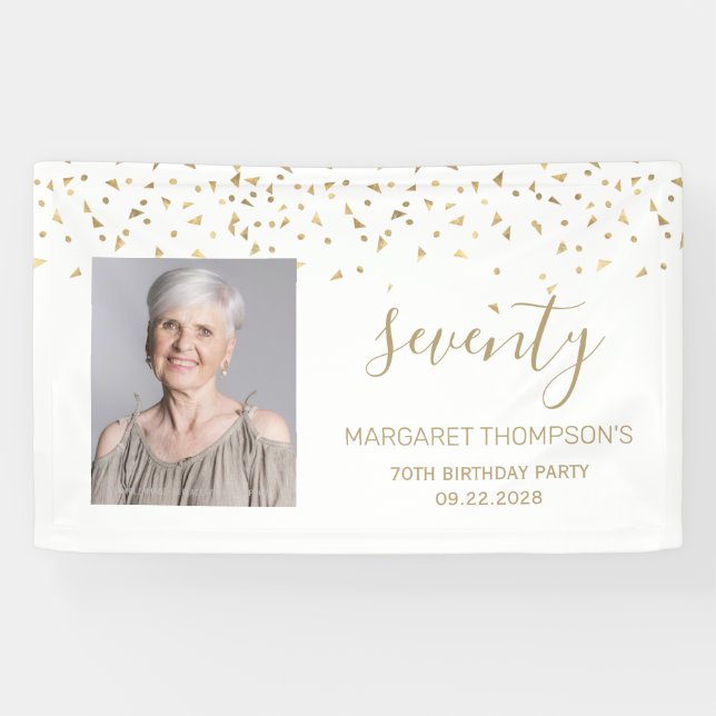 70th Birthday Gold Confetti Triangles Photo White Banner (Horizontal)