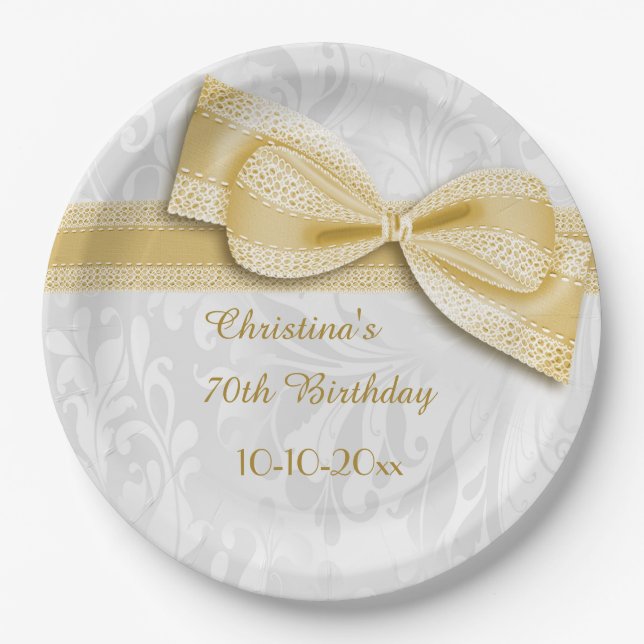 70th Birthday Gold Damask and Faux Bow Paper Plate (Front)