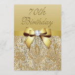 70th Birthday Gold Faux Sequins and Bow Invitation<br><div class="desc">Elegant custom personalised 70th Birthday party celebration invitations with a beautiful glittery golden colours printed image sequins jewels, gems pattern, cute shiny gold printed bows and ribbons images and pretty digital diamonds bling jewels on a chic gold gradient background with brown text. Please note: All invites on Zazzle have flat...</div>