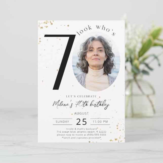 70th Birthday Gold Invitation with Photo (Standing Front)