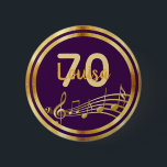 70th birthday gold music notes on stylish purple 6 cm round badge<br><div class="desc">Dark purple background with faux gold music notes for a 70th birthday party. With a faux gold frame. Templates for age and name.  The name is written in a hand-lettered style script.  Golden letters and number.</div>