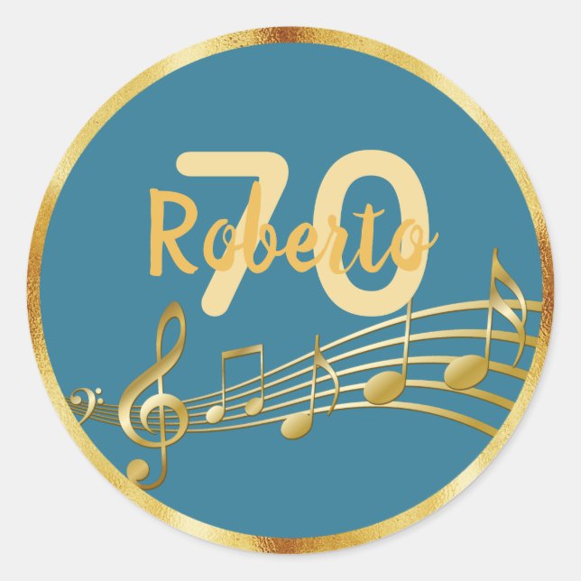 70th birthday gold music notes teal blue green classic round sticker (Front)
