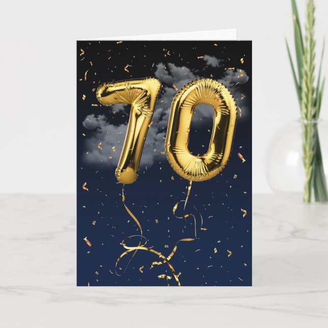 70th Birthday Gold Mylar Balloon and Confetti Card (Front)