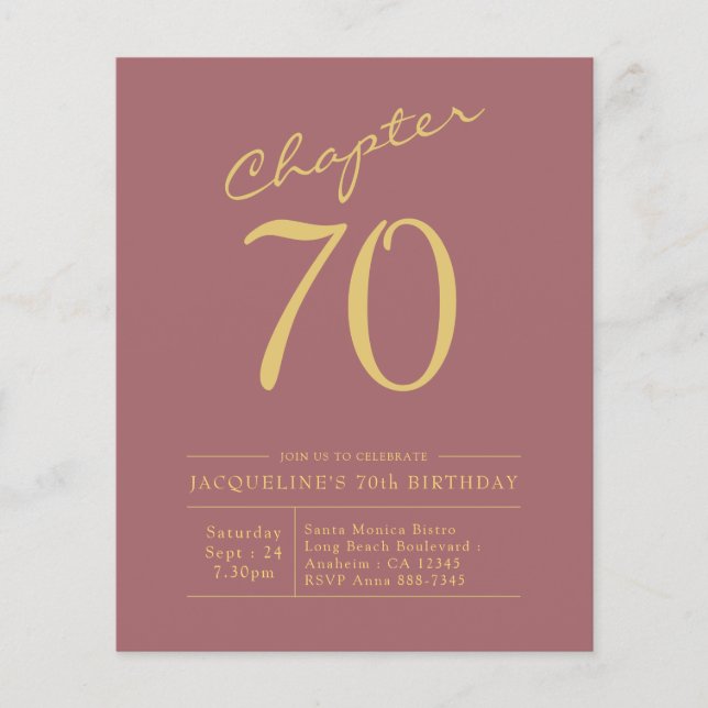 70th Birthday Gold Pink Budget Invitation Flyer (Front)
