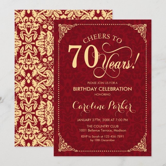 70th Birthday - Gold Red Damask Invitation (Front/Back)