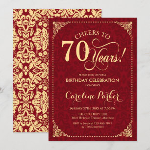 70th Birthday - Gold Red Damask Invitation