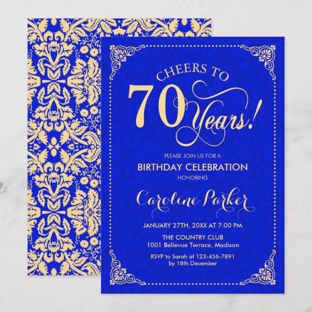 70th Birthday - Gold Royal Blue Damask Invitation (Front/Back)