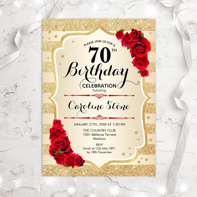 70th Birthday - Gold Stripes Roses Invitation (Creator Uploaded)