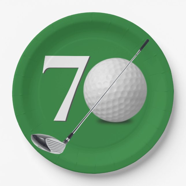 70th Birthday Golf Ball and Club On Green Paper Plate (Front)