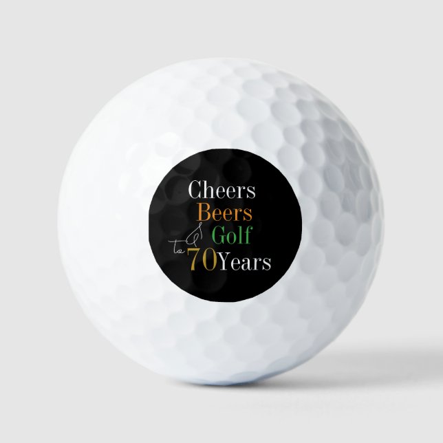 70th Birthday Golf Cheers and Beers Black and Gold Golf Balls (Front)