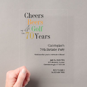 70th Birthday Golf Cheers Beers Minimal Party Acrylic Invitations