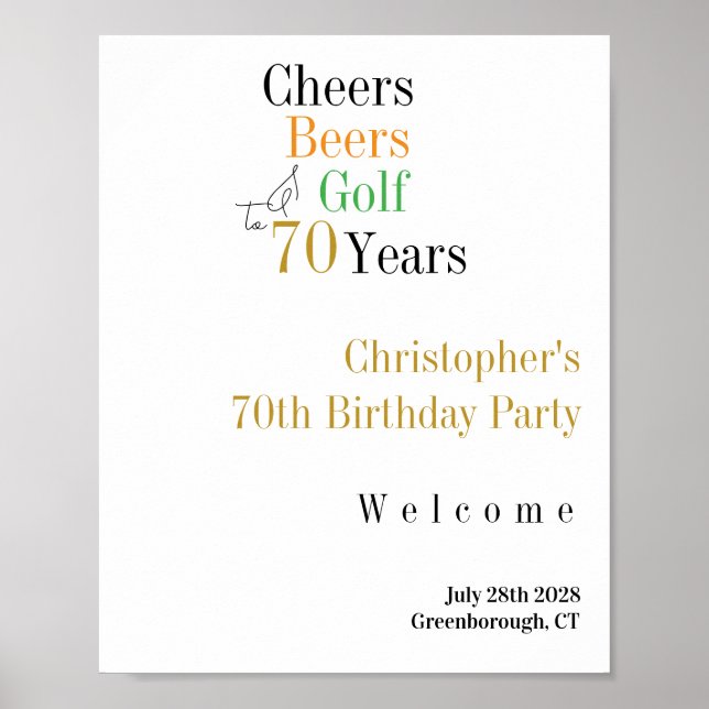 70th Birthday Golf Cheers Beers Party Welcome Sign (Front)