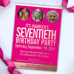 70th Birthday graphic pink gold foil photo circles<br><div class="desc">Bold simple graphic bright hot pink, and gold foil or your own foil colour photo template 70th birthday invitation. Personalise this milestone birthday invitation with your own birthday party event details, and three different photos of your birthday girl in the photo circles for your now and then photos. Other years...</div>