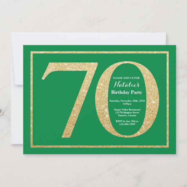 70th Birthday Green and Gold Glitter Invitation (Front)