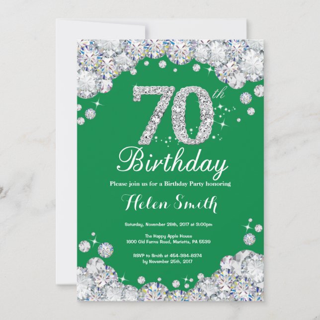 70th Birthday Green and Silver Diamond Invitation (Front)