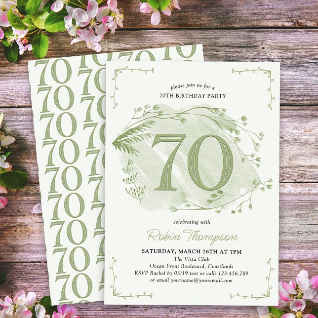 70th Birthday Green Dainty Wildflower Number 70 Invitation (70th Birthday Invitation - buy professionally printed or as digital download for printing or sharing)