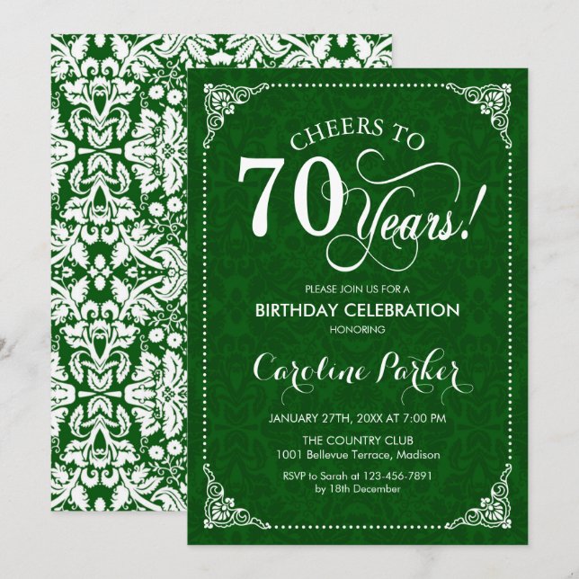 70th Birthday - Green Damask Invitation (Front/Back)