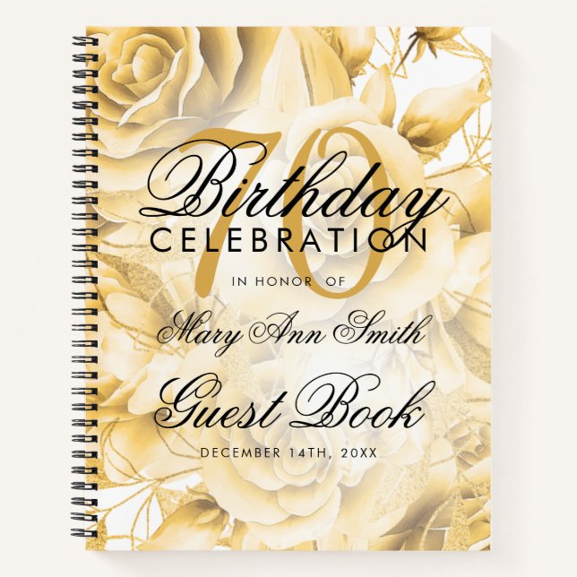70th Birthday Guestbook Party Floral Gold  Notebook (Front)
