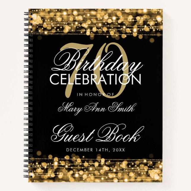 70th Birthday Guestbook Party Sparkles Gold Notebook (Front)