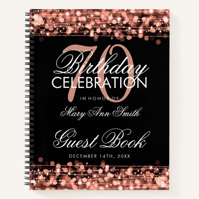 70th Birthday Guestbook Party Sparkles Rose Gold Notebook (Front)