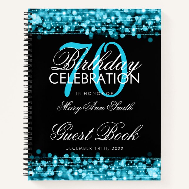 70th Birthday Guestbook Party Sparkles Teal Blue Notebook (Front)