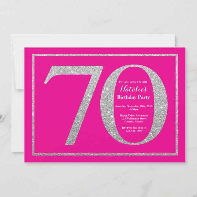 70th Birthday Hot Pink and Silver Glitter Invitation (Front)