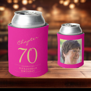 70th Birthday Hot Pink Gold Photo Template Can Cooler