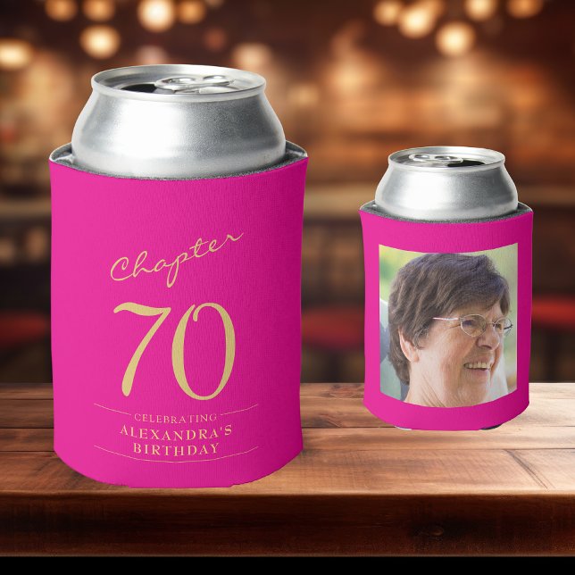 70th Birthday Hot Pink Gold Photo Template Can Cooler (Custom 70th birthday hot pink can coolers on a bar top)