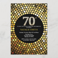 70th Birthday Invitation Black and Gold Glitter