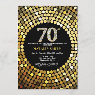 70th Birthday Invitation Black and Gold Glitter