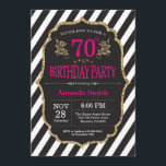 70th Birthday Invitation. Black and Gold Glitter Invitation<br><div class="desc">70th Birthday Invitation for women. Pink Black and Gold Birthday Party Invite. Gold Glitter. Pink Floral Flower. Black and White Stripes. Printable Digital. For further customisation,  please click the "Customise it" button and use our design tool to modify this template.</div>