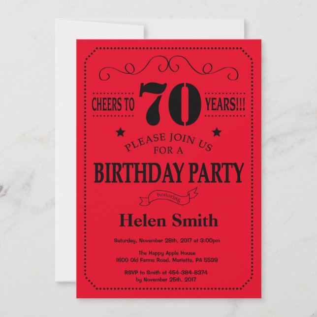 70th Birthday Invitation Black and Red (Front)
