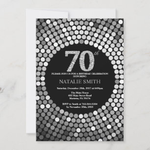 70th Birthday Invitation Black and Silver Glitter