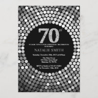 70th Birthday Invitation Black and Silver Glitter