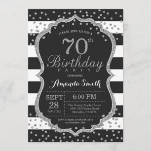 70th Birthday Invitation. Black and Silver Glitter Invitation