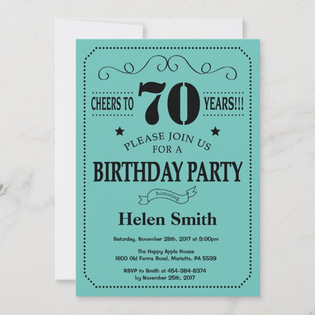 70th Birthday Invitation Black and Teal (Front)