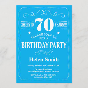 70th Birthday Invitation Blue and White