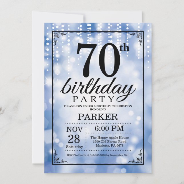 70th Birthday Invitation Blue Glitter (Front)